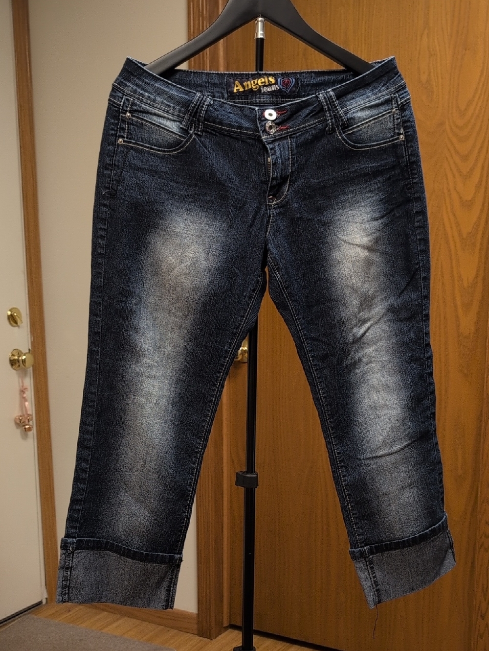 Vintage Y2K Low Rise Angels Jeans Dark Blue Faded Wide Cuff Capris Size 11
